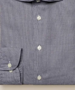 Off The Water Eton Navy Houndstooth Cotton Tencel Flannel-Slim Fit Button Down Collar