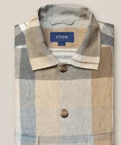 Eton Khaki Plaid Linen Twill Overshirt Off The Water