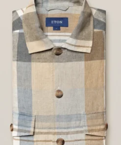 Eton Khaki Plaid Linen Twill Overshirt Off The Water