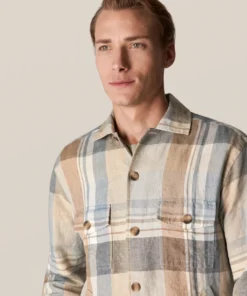 Eton Khaki Plaid Linen Twill Overshirt Off The Water