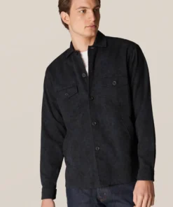 Off The Water Eton Dark Blue Floral Print Gabardine Overshirt