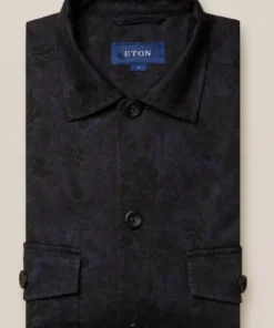 Off The Water Eton Dark Blue Floral Print Gabardine Overshirt
