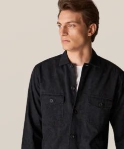 Off The Water Eton Dark Blue Floral Print Gabardine Overshirt